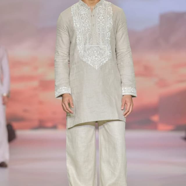 Beige and White Kurta Pyjama Set