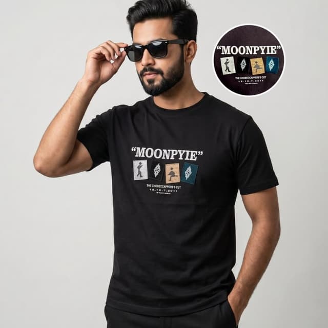 Black base with white, silver, gold, and teal graphic accents T-shirt