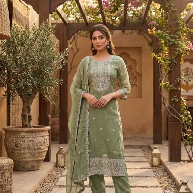Sage green with white embroidery Salwar Suit