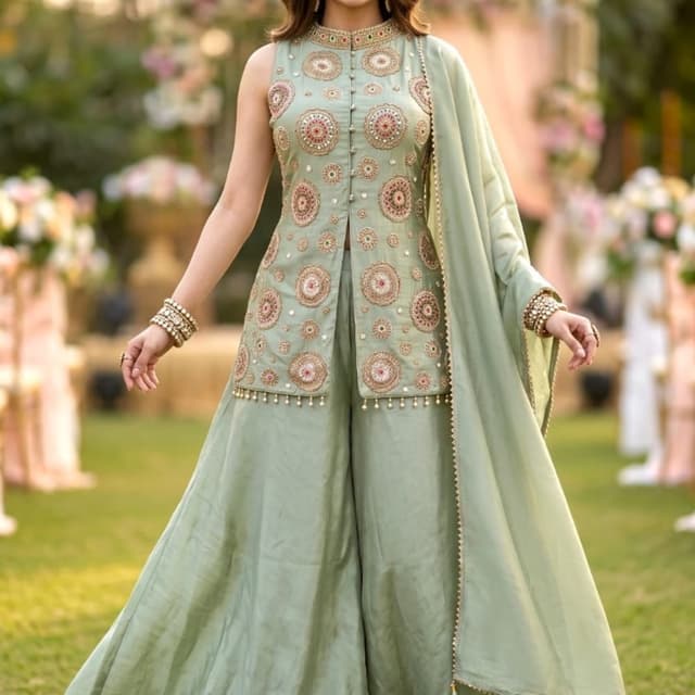 Sage green with hints of copper, gold, and muted rose Sharara Set
