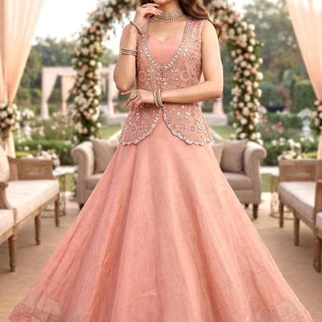 Pastel Pink, Peach, Silver Lehenga Choli with Jacket