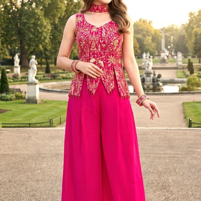 Magenta and Gold Peplum top and palazzo set