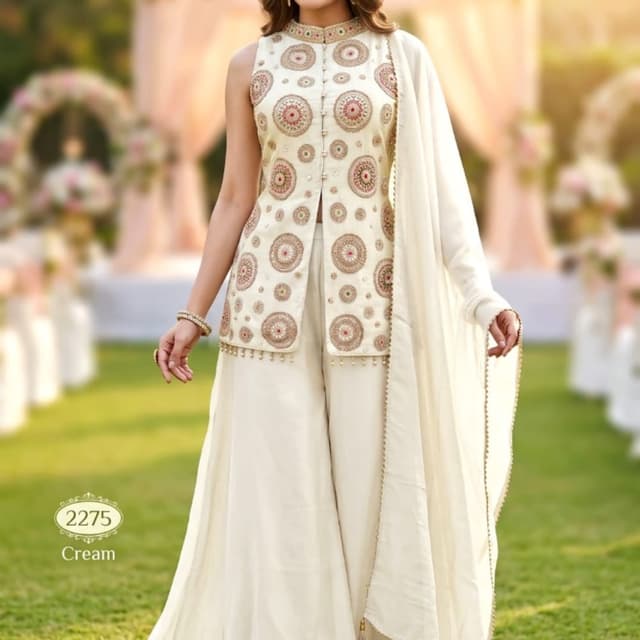 Cream base with multicolored circular embroidery in shades of red, gold, and green Sharara Suit Set
