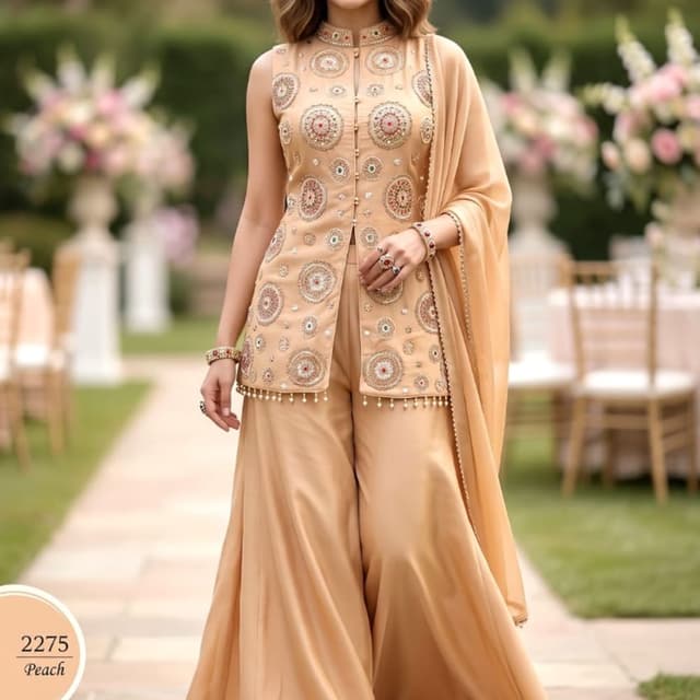 Beige, Gold, hints of Maroon and Teal in embroidery Sharara Suit Set