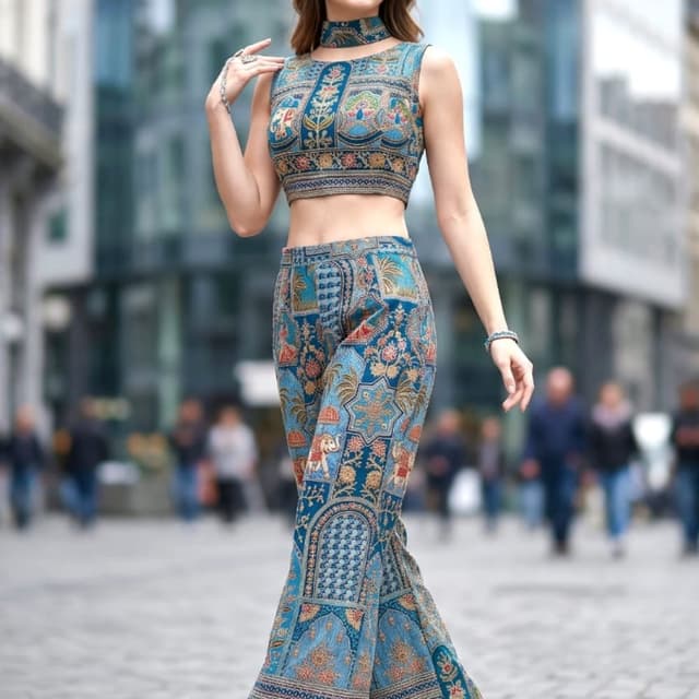 Blue, Teal, with accents of gold, red, and orange Co-ord Set (Crop Top and Wide-leg Trousers)