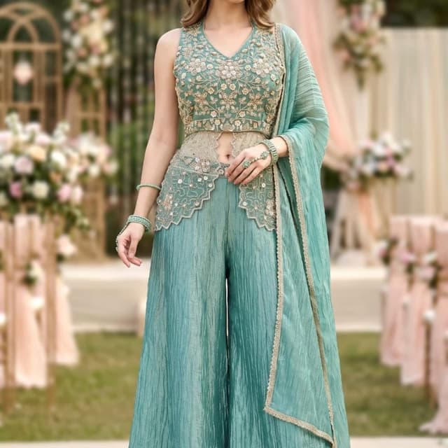 Pista green, gold Palazzo Set with crop top and dupatta