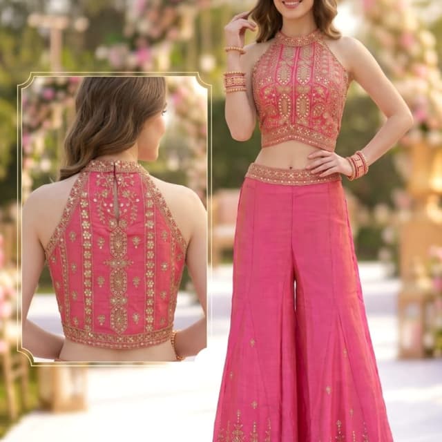 Hot Pink with Gold embroidery Lehenga Choli with Palazzo pants
