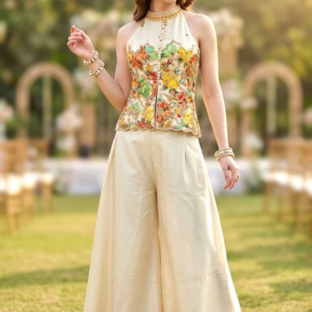 Cream base with multicolored embroidery including yellow, orange, green, and red Peplum top and wide-leg palazzo set