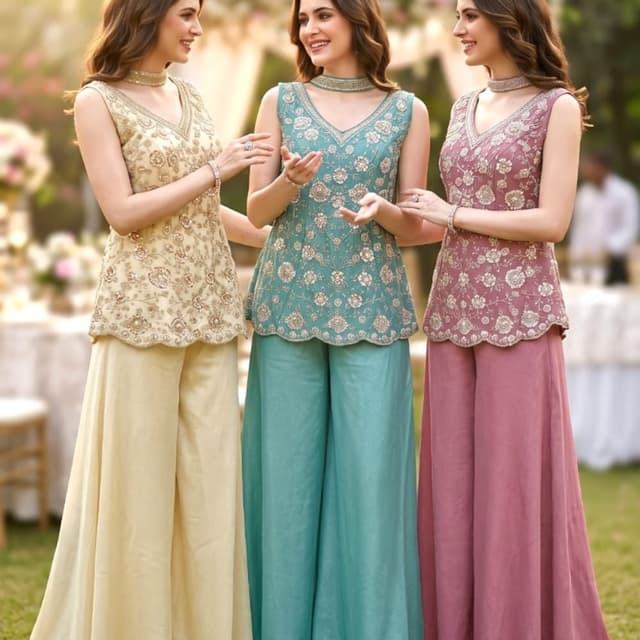 Pastel shades including cream, teal, and dusty rose Peplum top and palazzo set