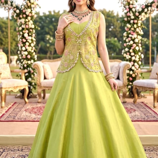 Lime green base with pink and metallic embroidery accents Lehenga Choli with Jacket