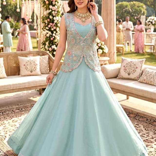 Pastel sky blue, soft pink, and silver accents Lehenga Choli with Jacket