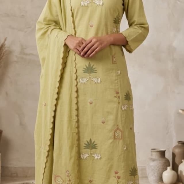 Olive green, muted earth tones Kurta Set with Dupatta