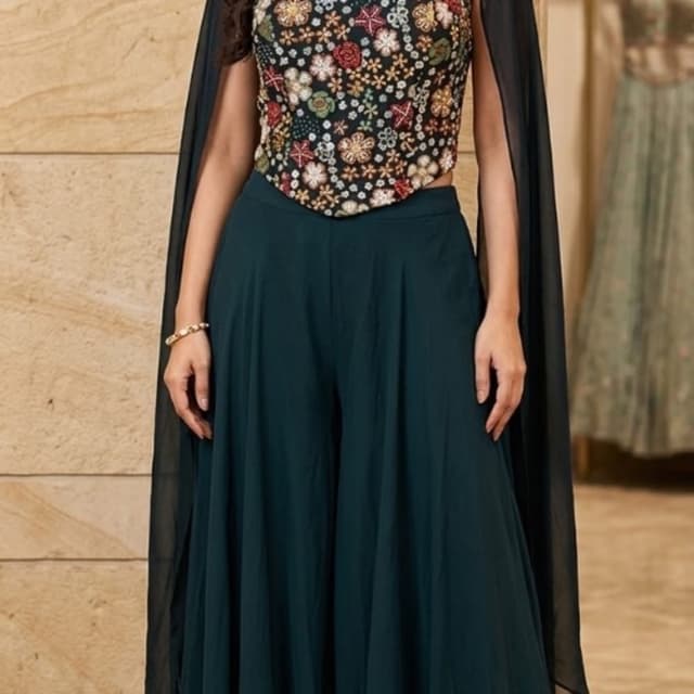 Dark teal, black base, multi-colored floral embroidery Co-ord Set