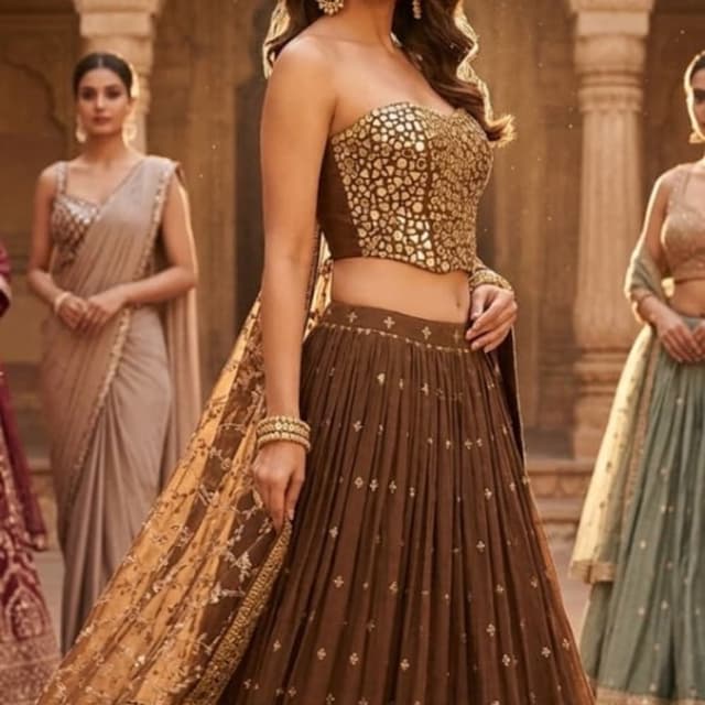 Deep chocolate brown and metallic gold Lehenga Choli