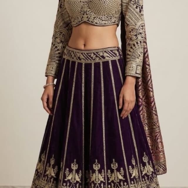 Deep purple and antique gold Lehenga Choli