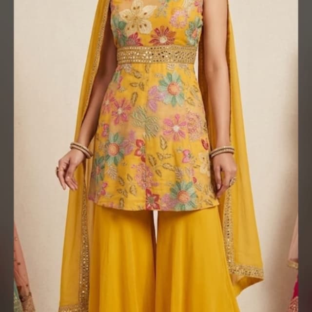 Mustard Yellow with multi-colored floral embroidery Sharara Set