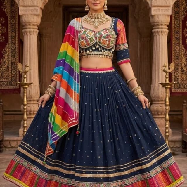 Navy blue base with a vibrant rainbow multi-colored border and dupatta Lehenga Choli