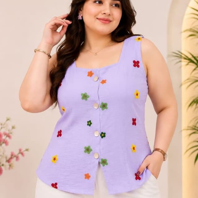 Lavender base with multi-color floral embroidery (red, yellow, orange, green) Top