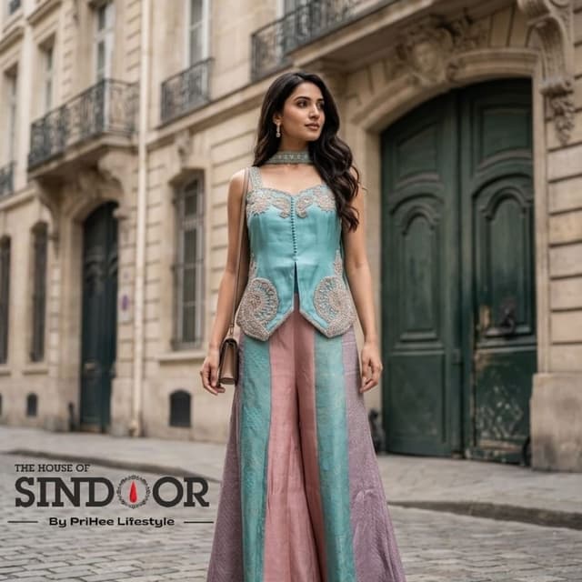 Teal, dusty rose pink, and hints of mauve Co-ord set with peplum top and wide-leg palazzo pants