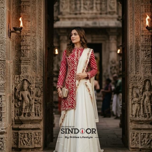 Deep maroon or wine red with off-white or cream Lehenga Choli with long jacket