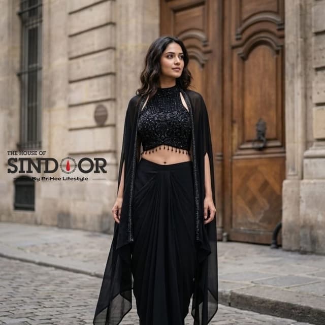 Solid Black Dhoti Saree with Cape