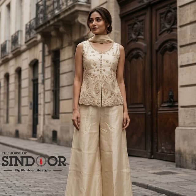 Champagne gold, beige, and metallic gold embroidery Peplum top and palazzo set