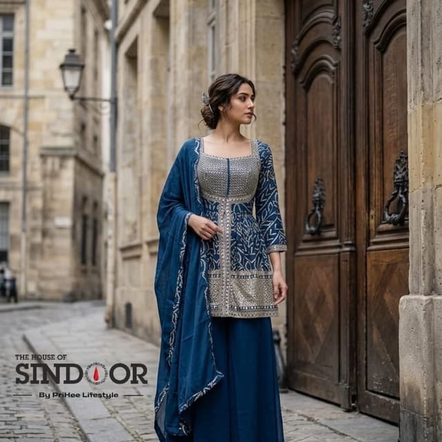 Deep blue with silver accents Sharara Set