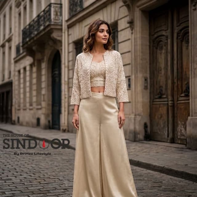 Beige, Champagne, Off-white Co-ord set with jacket, bustier, and palazzo pants