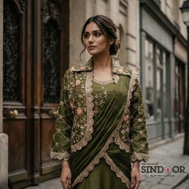 Olive green, muted pink, gold Jacket Saree Set