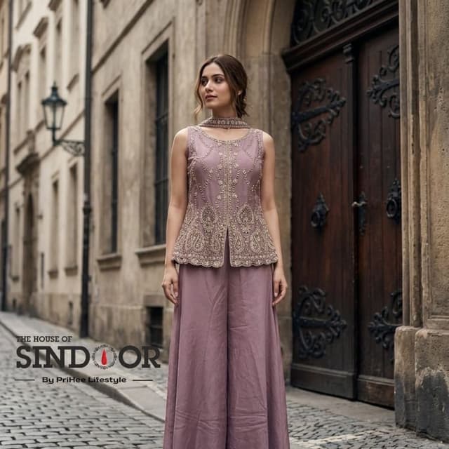 Mauve, Dusty Purple, Gold Peplum Top and Palazzo Set