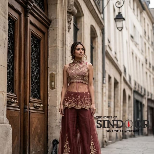 Deep maroon or wine red with gold embroidery Peplum top with palazzo pants set