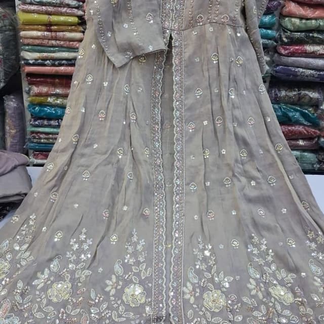 Muted Taupe, Greyish-Beige with Pastel accents Anarkali Suit or Long Kurta with Front Slit