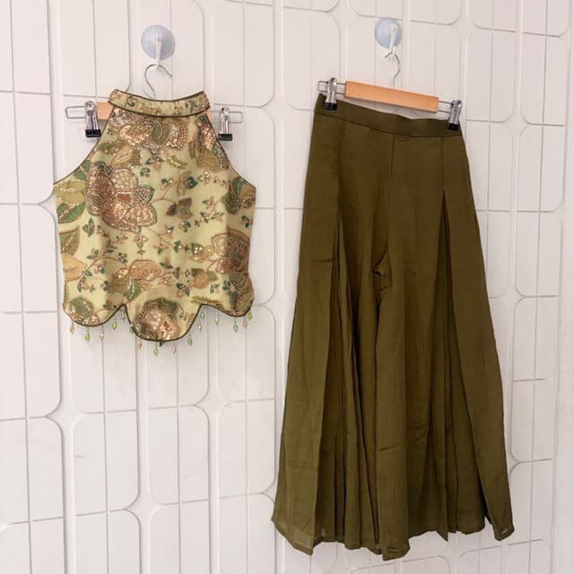 Olive green, muted yellow, gold, sage green Co-ord Set (Top and Palazzos)