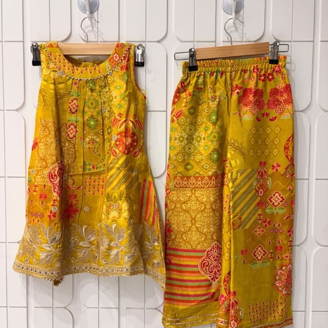 Mustard Yellow, Orange, Green, and hints of Red and Pink Kurti and Palazzo Set