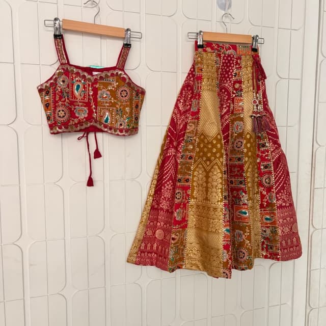 Red, Mustard Yellow, Gold, Multi-color accents Lehenga Choli