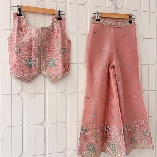 Dusty Pink, Teal, Coral, Silver Co-ord Set (Jacket and Palazzos)