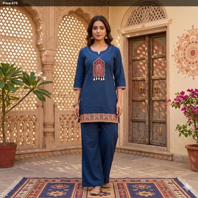 Navy Blue with accents of Red, White, and Beige Kurti with Palazzo set