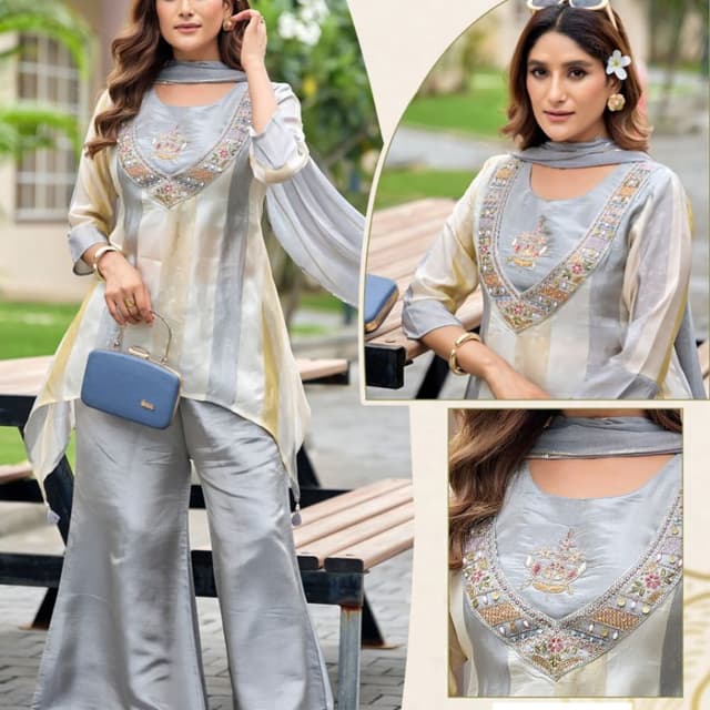 Light grey and soft cream/off-white Salwar Kameez Suit