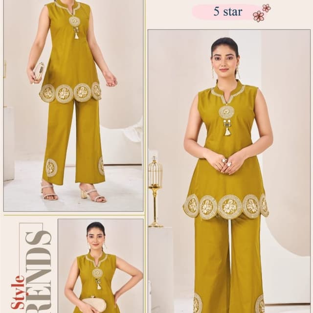 Olive Green with Gold/Beige embroidery Co-ord set (Tunic and wide-leg trousers)