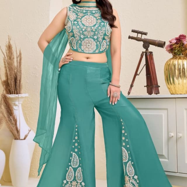 Teal, Sea Green, Metallic Silver, Gold Co-ord Set (Crop Top and Palazzo pants)