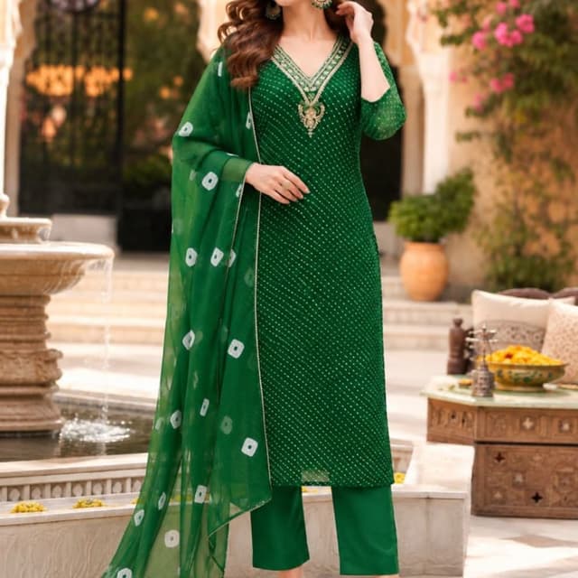 Emerald Green, Gold accents Salwar Kameez (Kurta, Pants, and Dupatta)