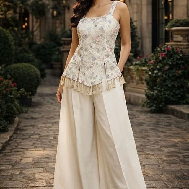 Off-white base with pastel pink, blue, and green floral embroidery Peplum top and wide-leg palazzo set