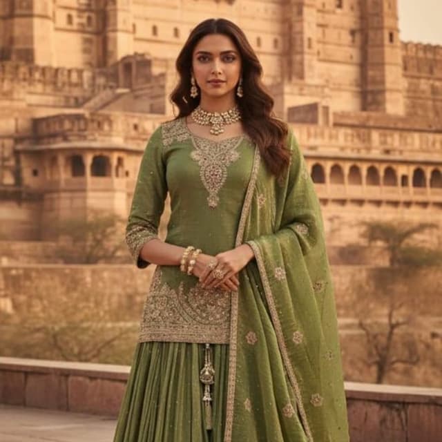 Olive green with gold and metallic accents Sharara Set