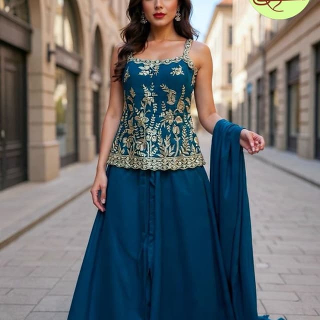 Deep Teal and Gold Lehenga Choli with Dupatta