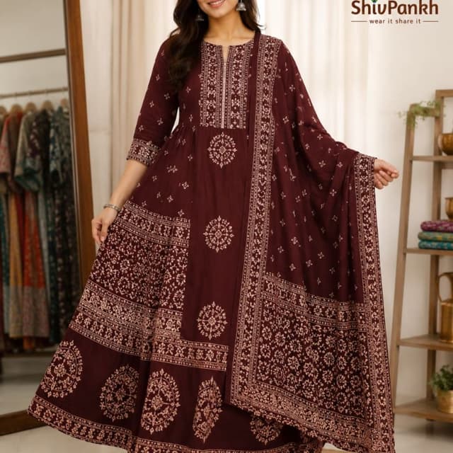 Maroon and off-white Anarkali Kurta Set