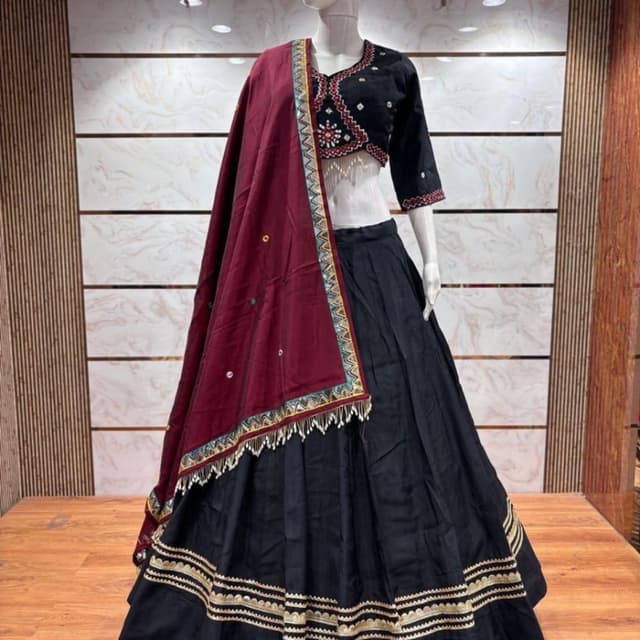 Black base with Maroon dupatta and multi-colored geometric accents Lehenga Choli