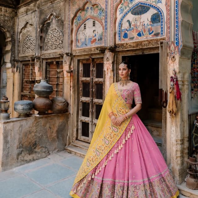 Pink, Yellow, Multi-colored embroidery Lehenga Choli