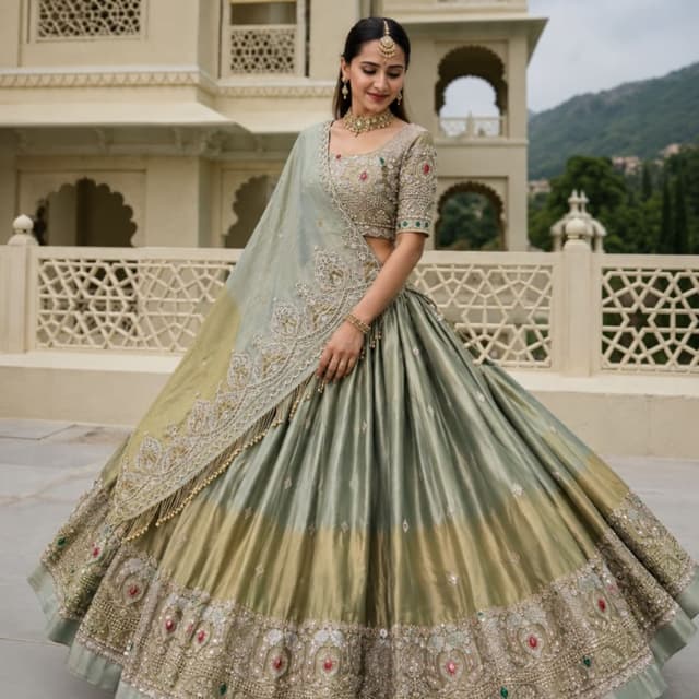 Sage Green, Olive Gold, Multicolored accents Lehenga Choli