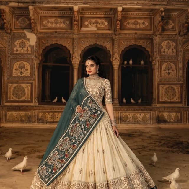 Off-white or cream base with deep teal or dark green accents Lehenga Choli