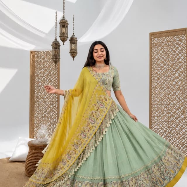 Sage green, mustard yellow, and multi-colored embroidery Lehenga Choli